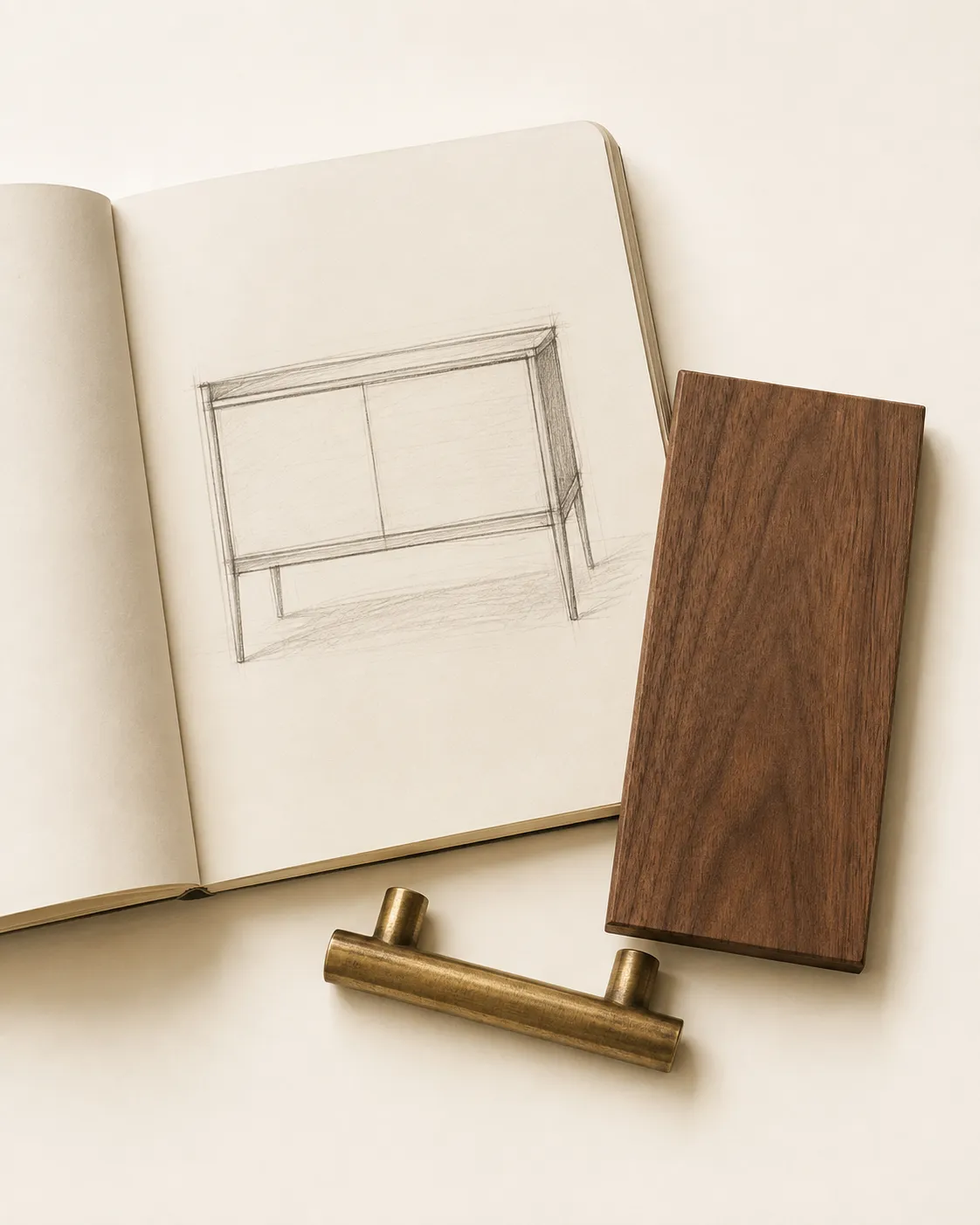 Cuaderno abierto con un boceto de mueble, una muestra de nogal y una jaladera de latón